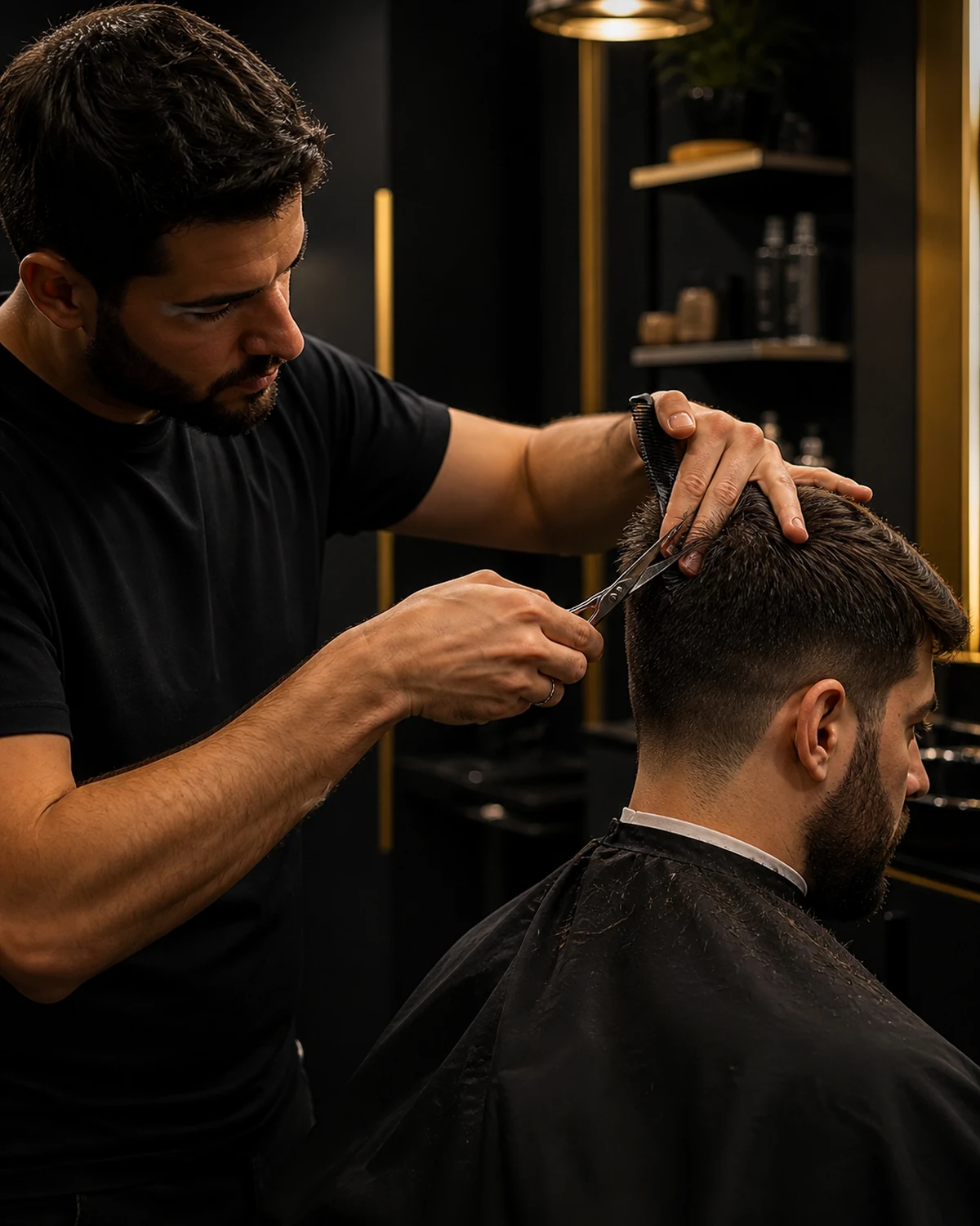 Barbeiro realizando corte masculino com tesoura e pente.