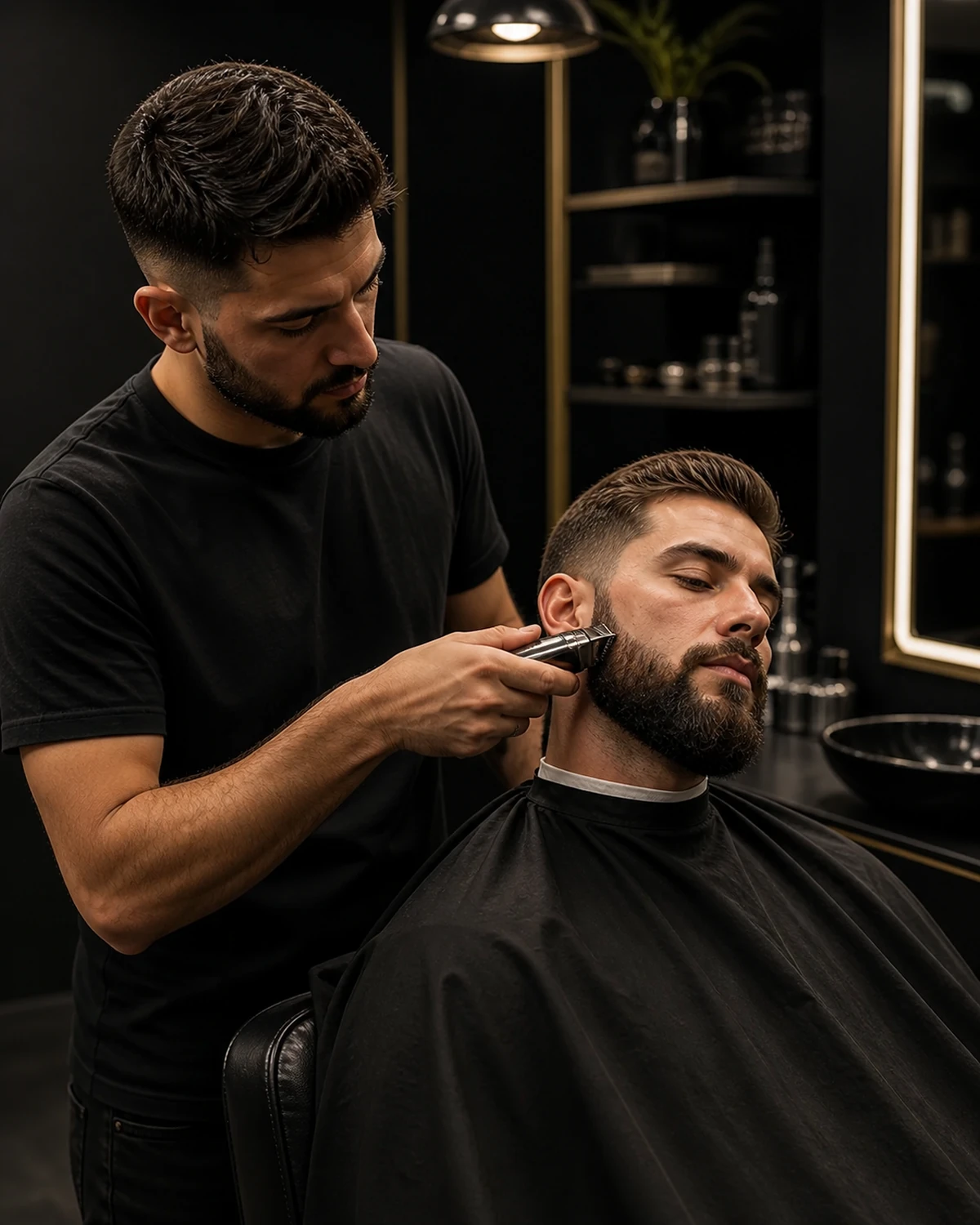 Barbeiro refinando o contorno da barba de um cliente com aparador profissional.