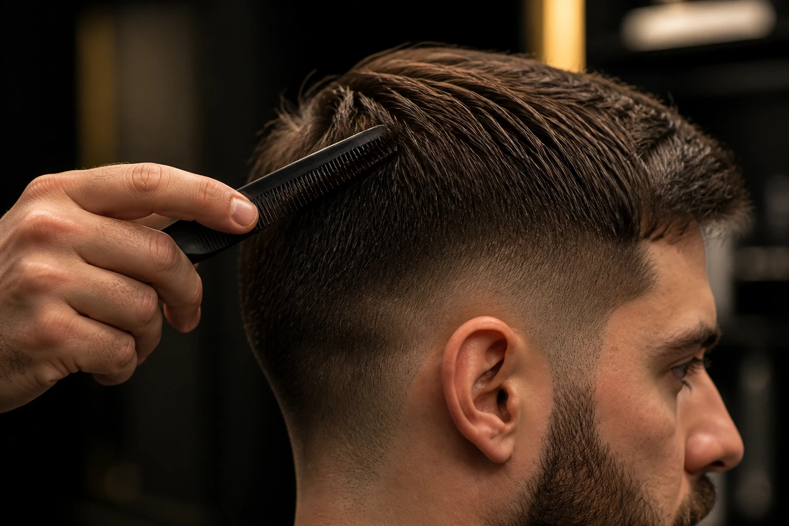 Detalhe lateral de corte masculino com degradê e pente refinando o acabamento.