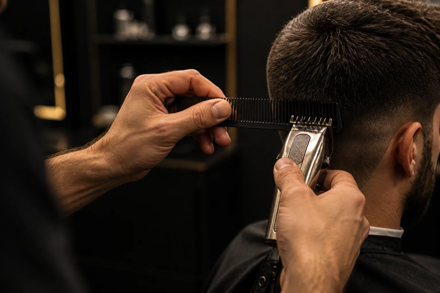 Mãos de barbeiro usando máquina e pente no acabamento de um corte masculino.