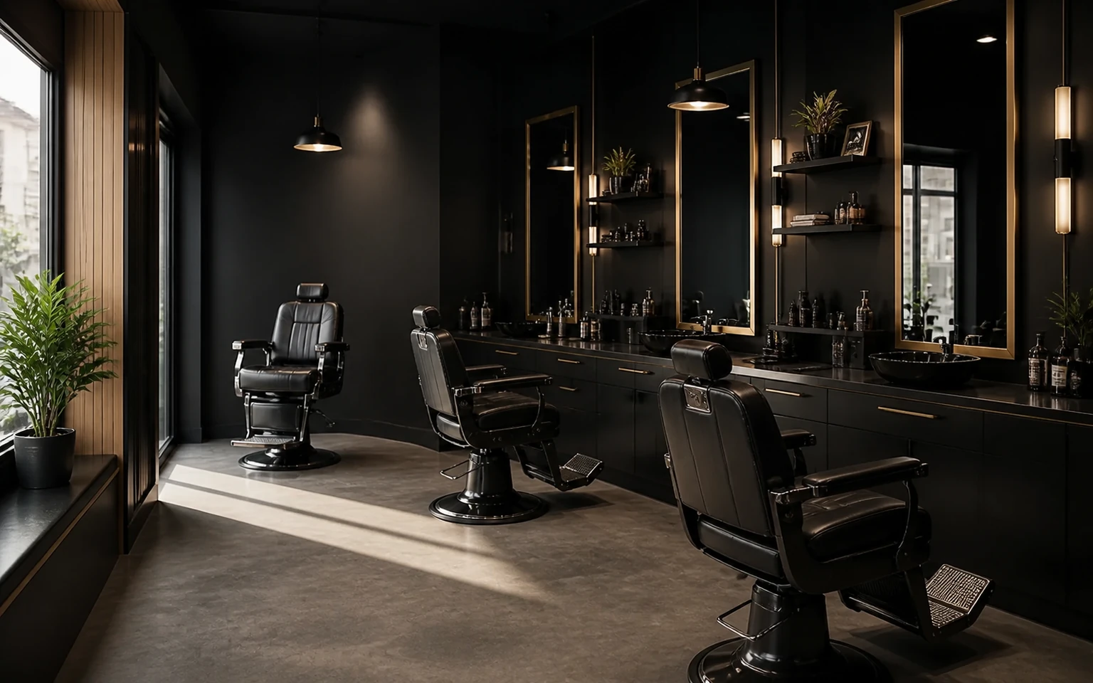 Interior contemporâneo da barbearia M47 em luz quente.