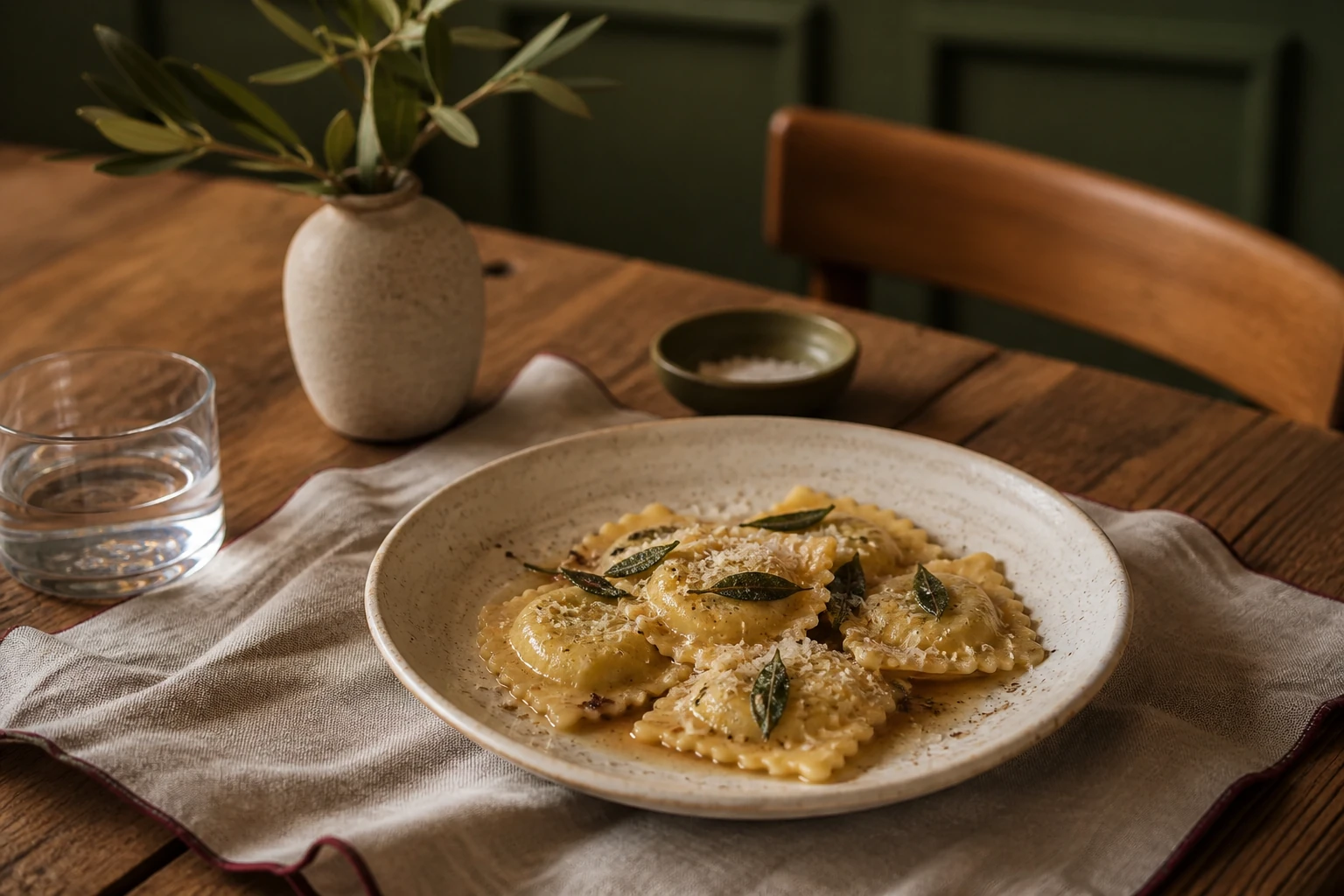 Ravioli artesanal de abóbora com manteiga dourada e folhas de sálvia.