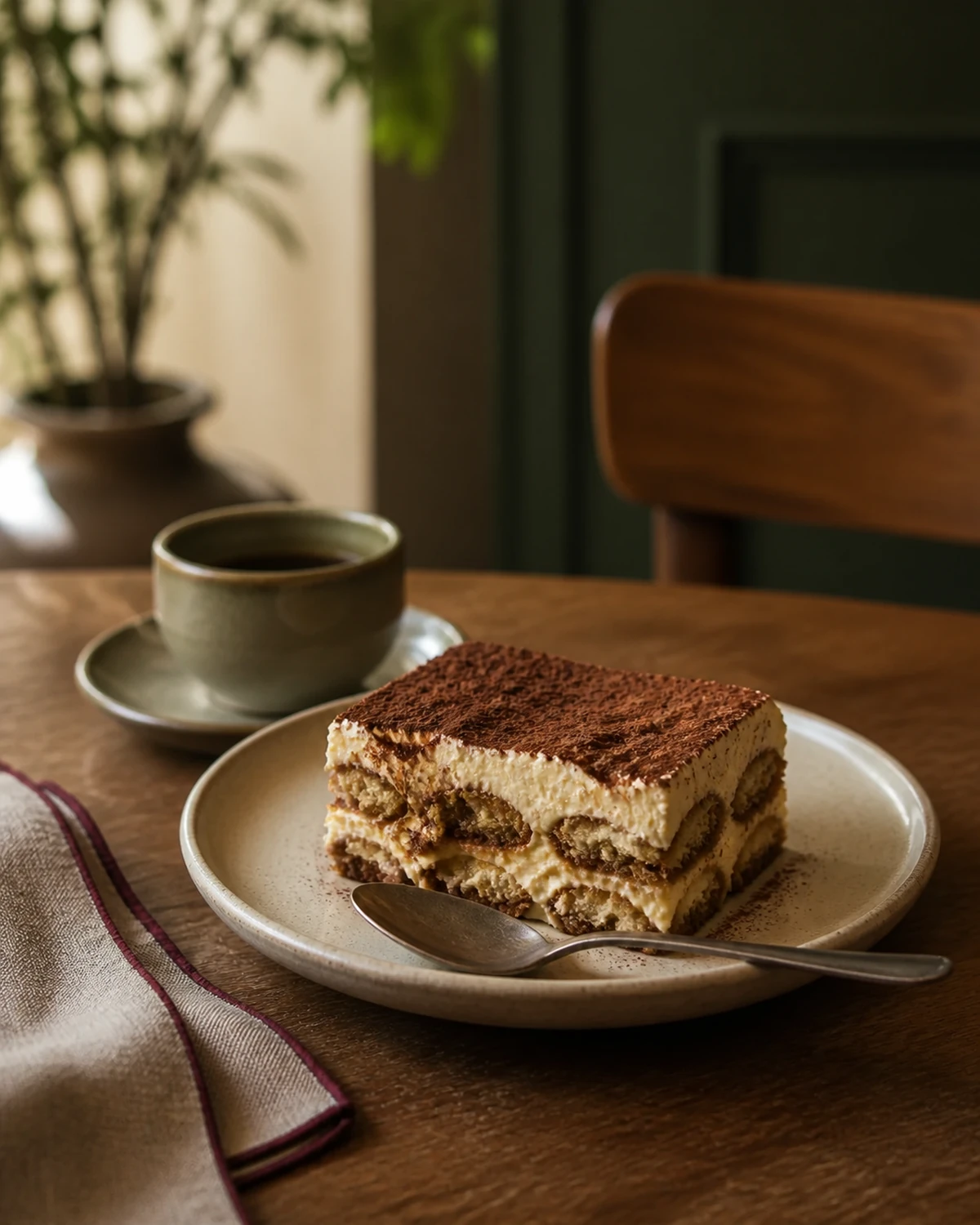 Porção de tiramisù com camadas de mascarpone, café e cacau em mesa de madeira.