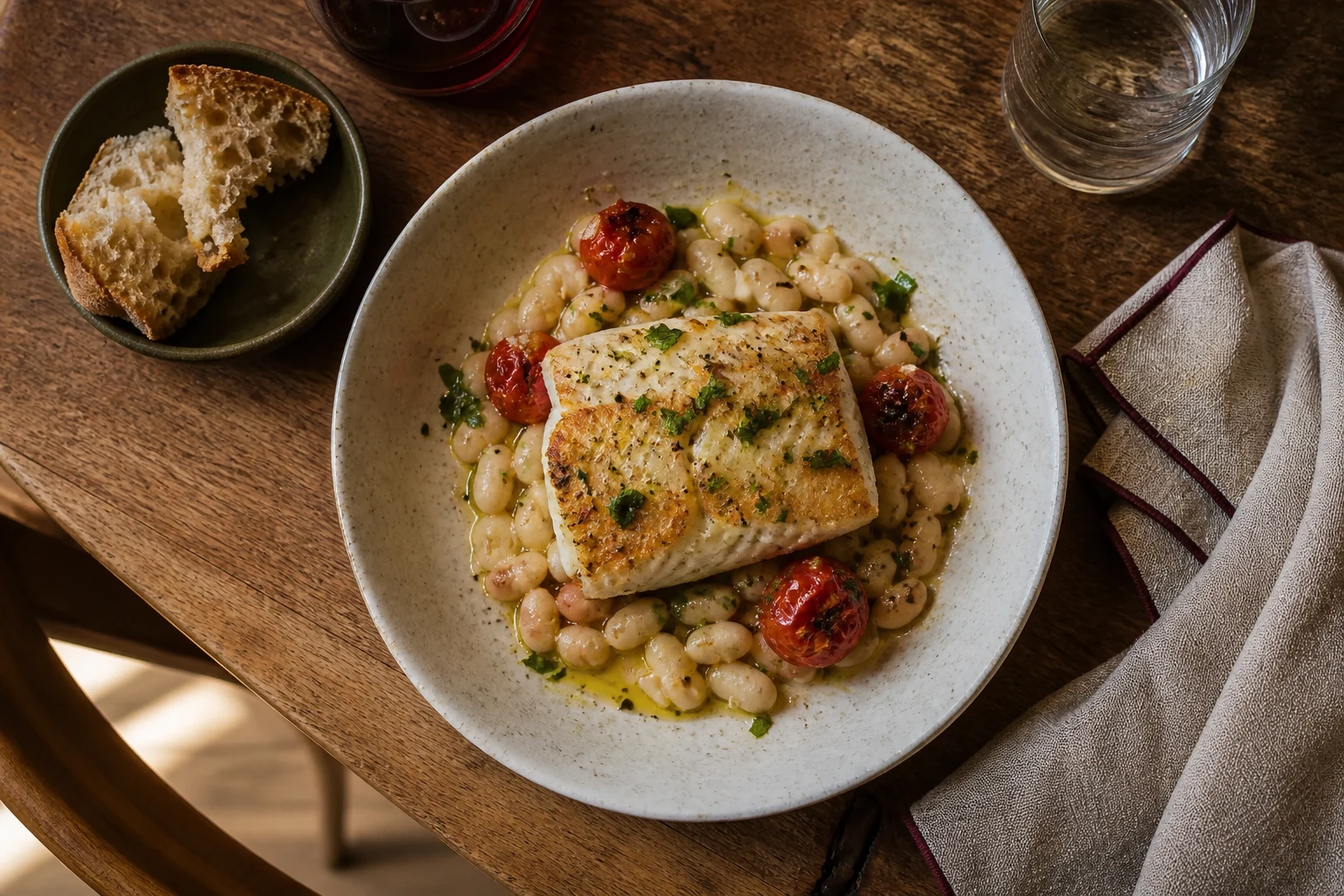 Peixe assado servido com feijões cannellini, tomates e ervas em prato de cerâmica.
