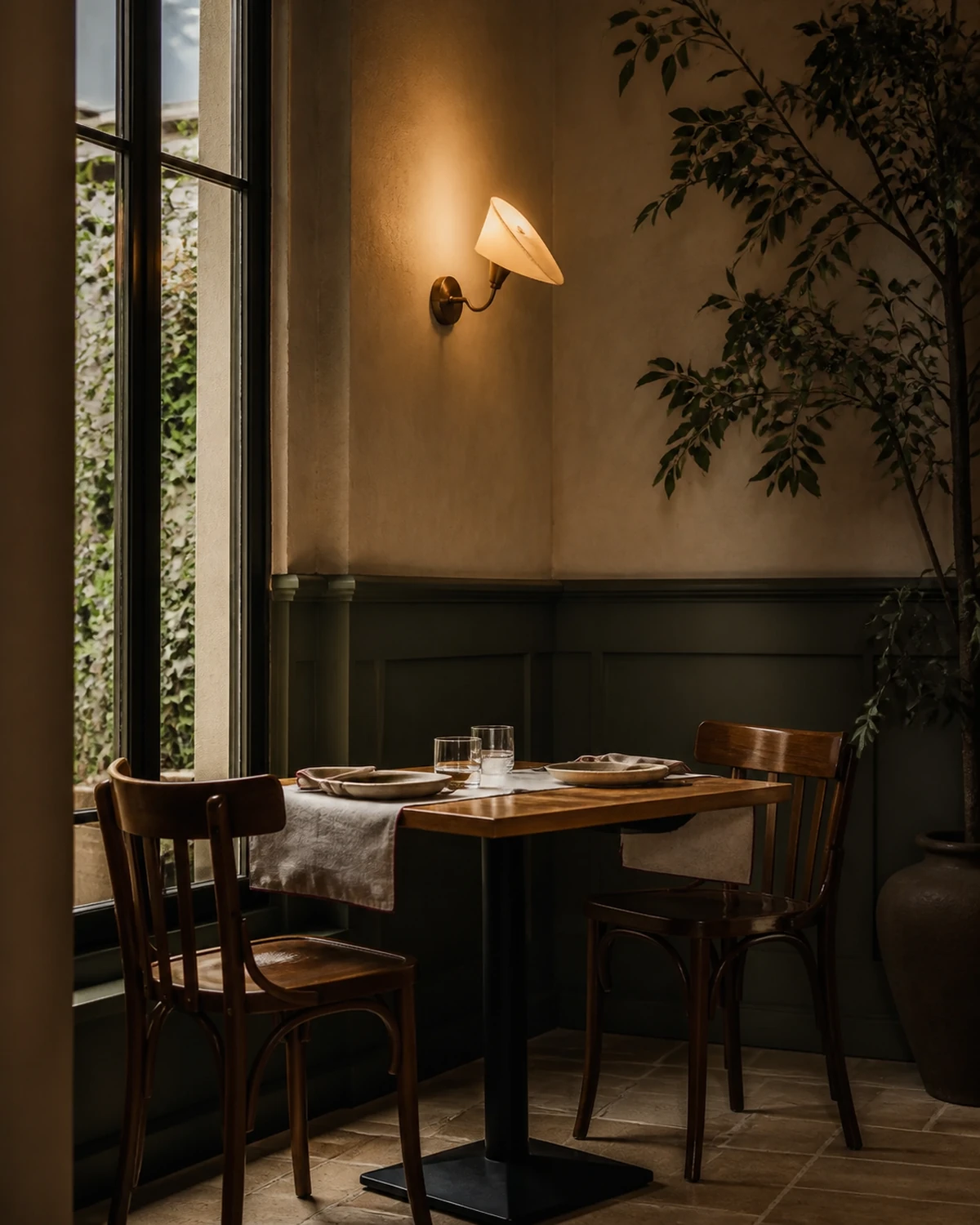 Mesa para duas pessoas junto à janela em canto íntimo do restaurante Tavola 27.